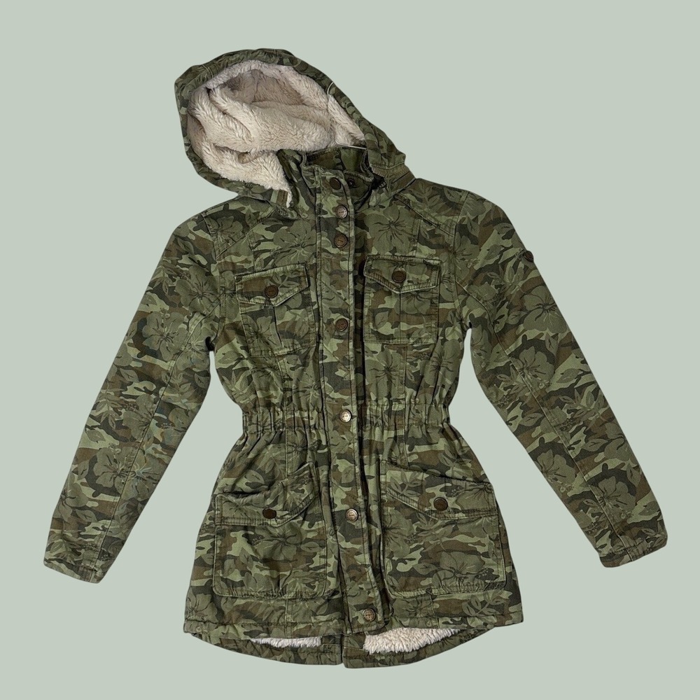 Urban Republic Girls Camo Floral Utility Jacket Faux Fur Lined Green S 7/8 5808
